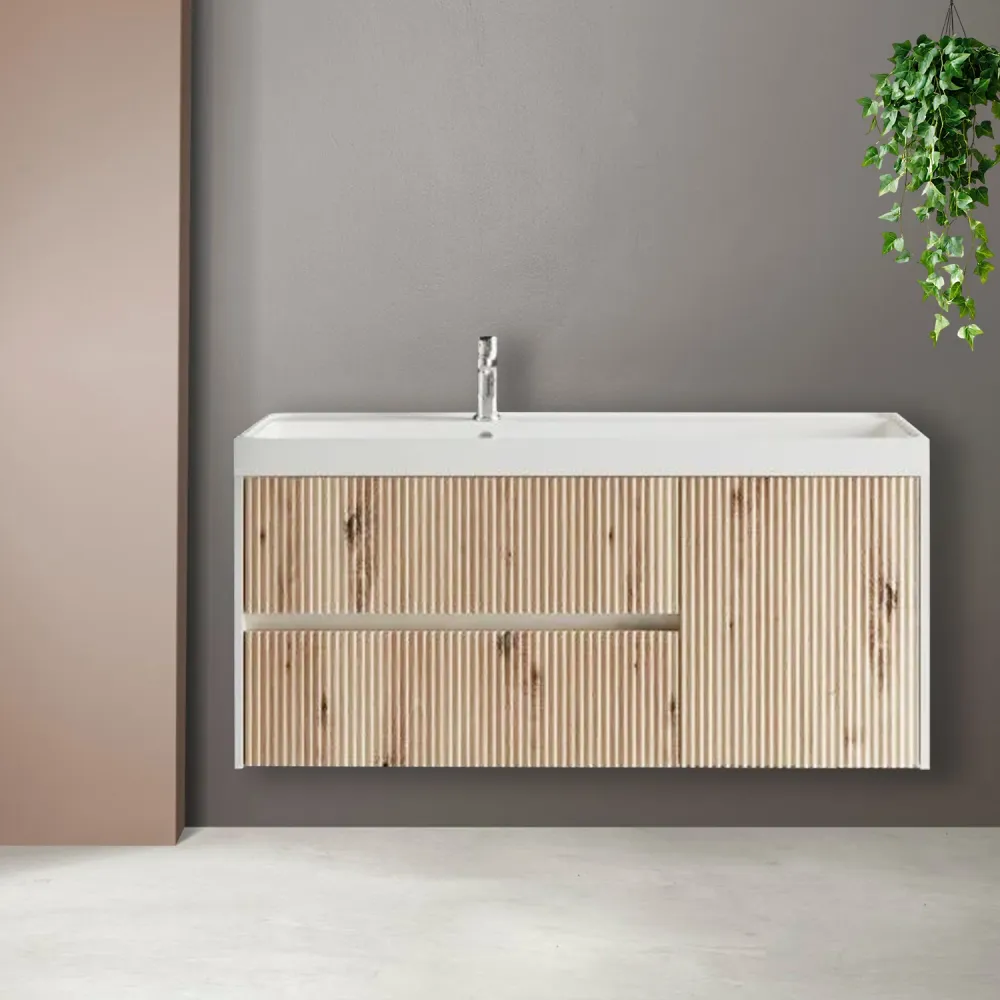 Meuble de salle de bain cannelé à installation suspendue avec lavabo 120 cm couleur chêne or - Cubi&Co Collection Intègre