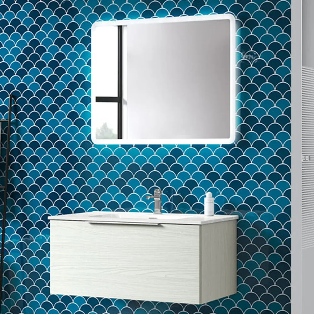 Meuble de salle de bain suspendu modèle Portland04 90 cm avec lavabo et miroir couleur Aralie