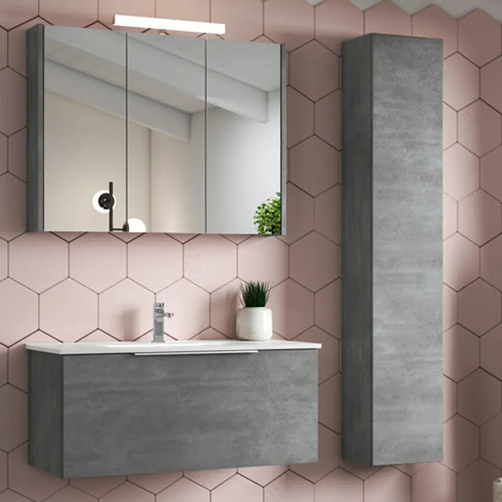 Mobile de salle de bain suspendu modèle Portland 02 120 cm avec lavabo colonne et miroir couleur Ciment