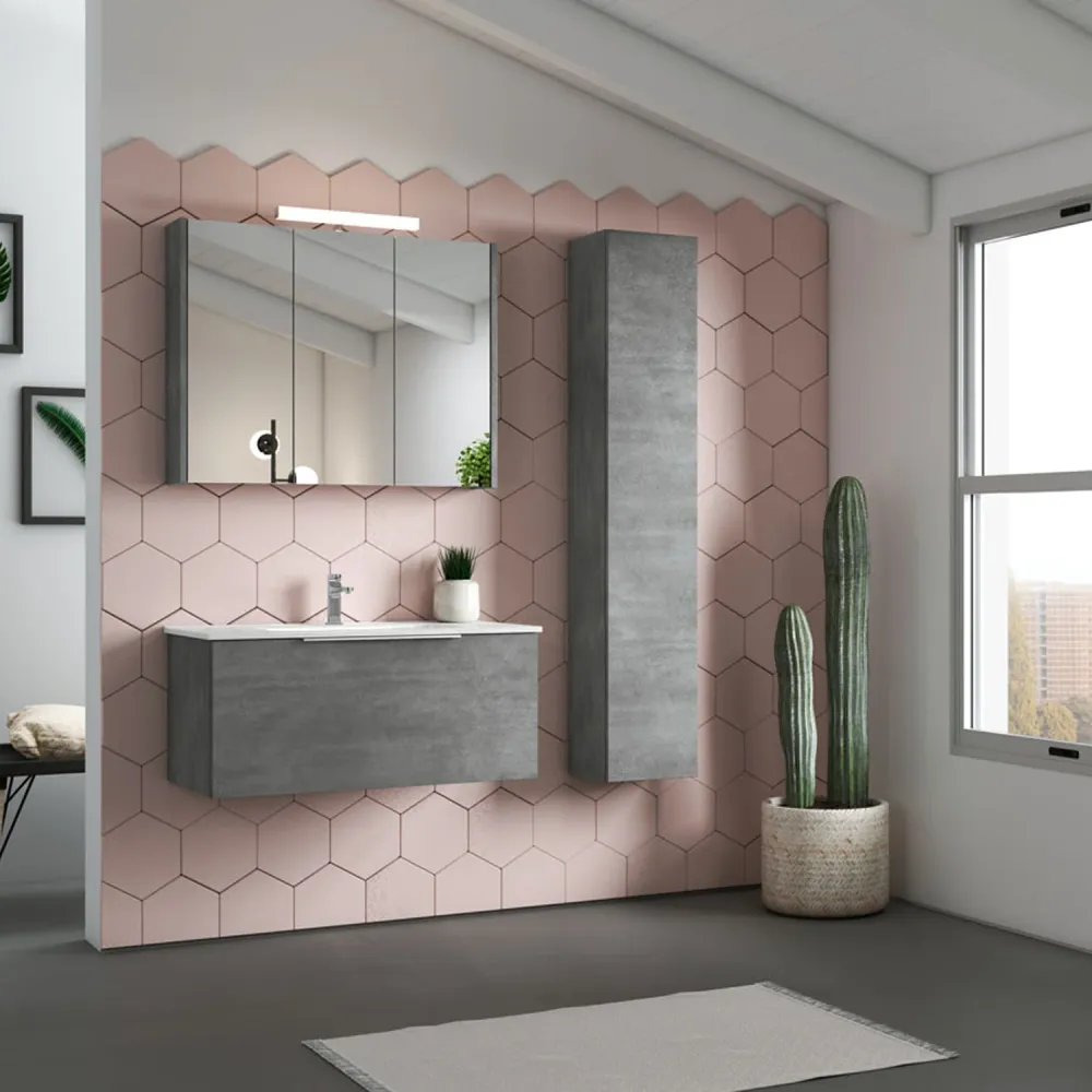 Mobile de salle de bain suspendu modèle Portland 02 120 cm avec lavabo colonne et miroir couleur Ciment