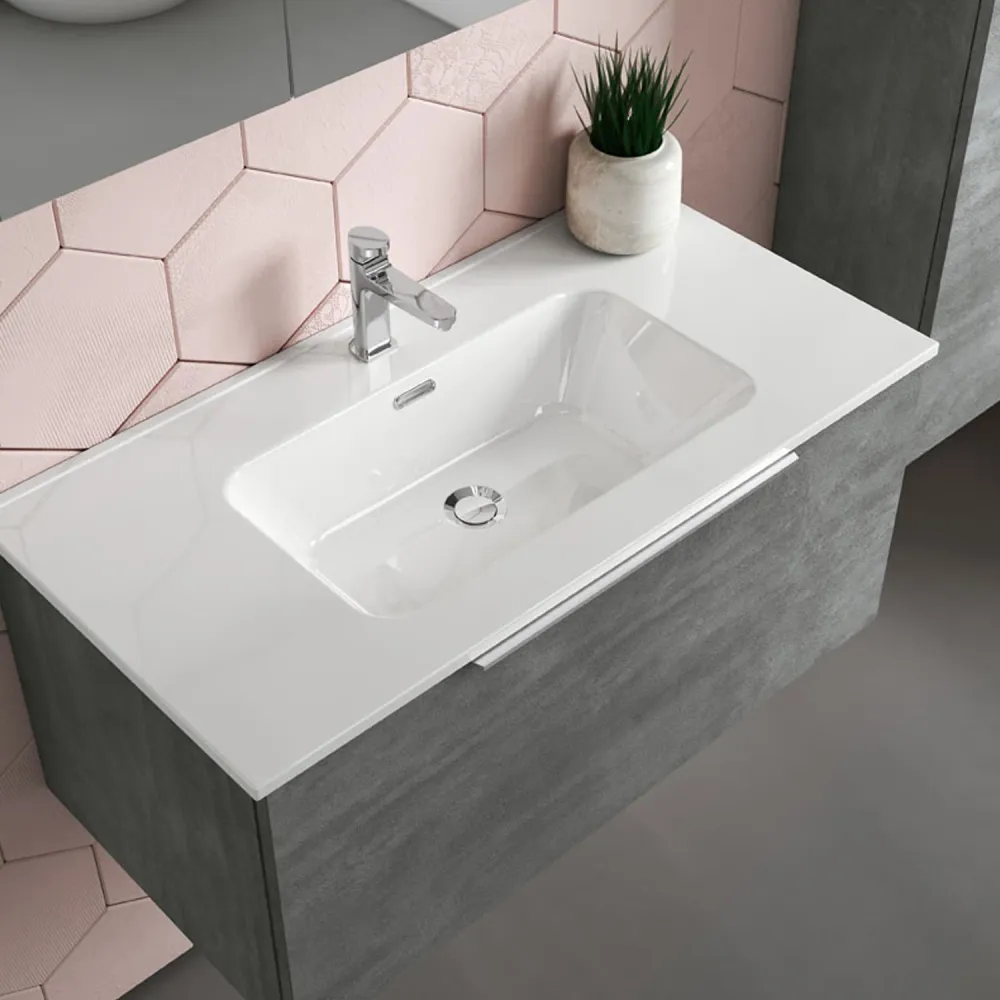 Mobile de salle de bain suspendu modèle Portland 02 120 cm avec lavabo colonne et miroir couleur Ciment