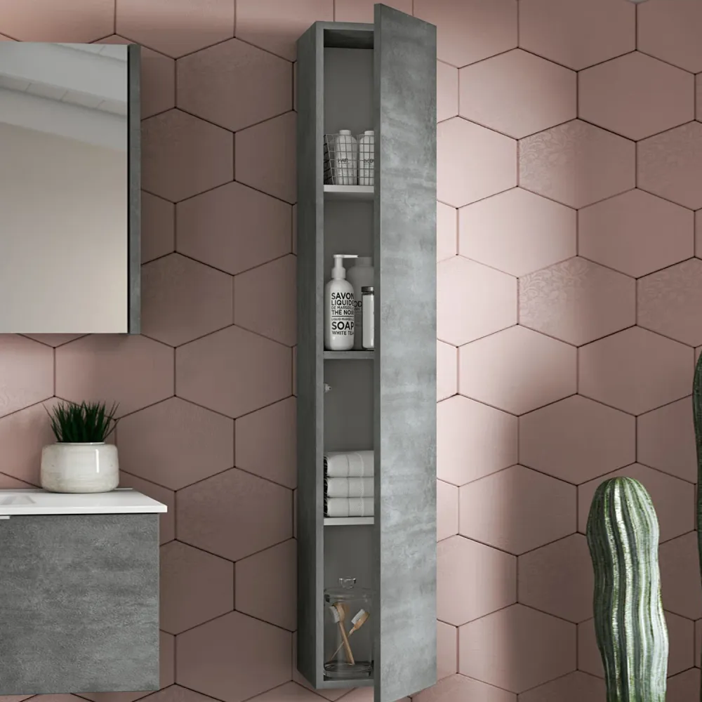 Mobile de salle de bain suspendu modèle Portland 02 120 cm avec lavabo colonne et miroir couleur Ciment
