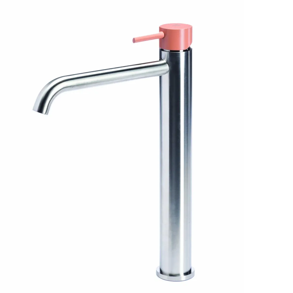 Robinet mitigeur lavabo haut sans vidage en acier inox finition brossée avec poignée couleur poudré Tubico Colorado
