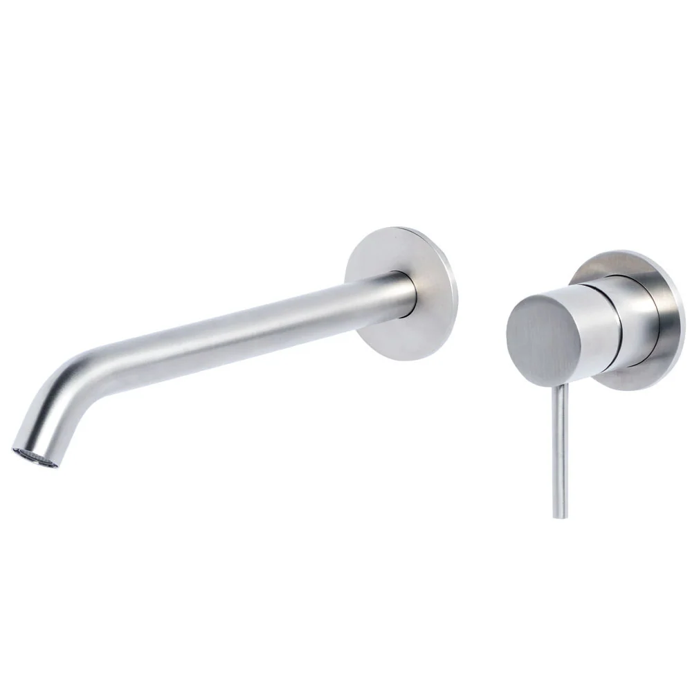 Robinet mitigeur lavabo mural avec bec vaste 12 cm en acier inoxydable 316L finition brossée sans vidage Tubico Tevere