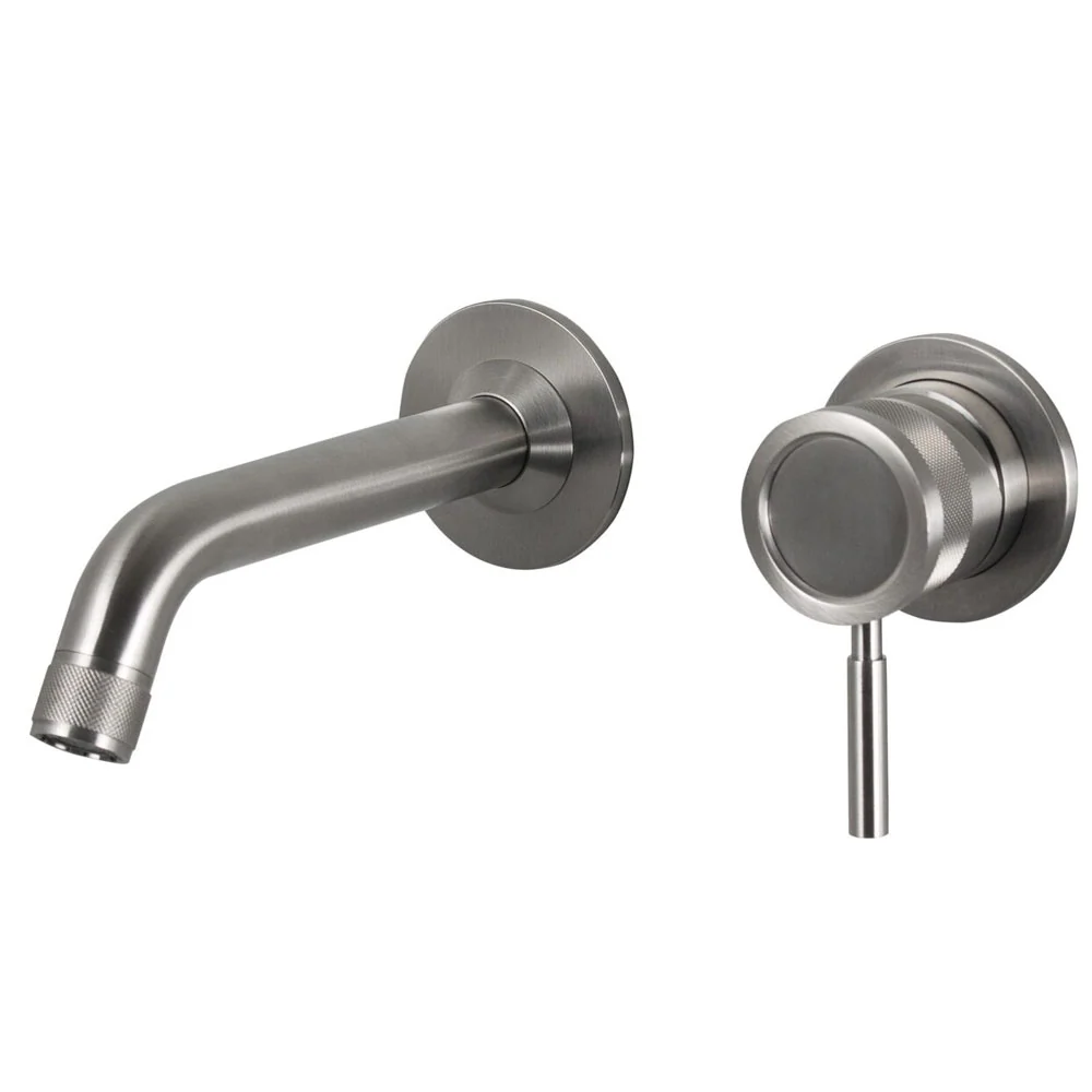 Robinet mitigeur lavabo mural avec bec de 16 cm en acier inoxydable 316L finition brossée sans vidage et bec de distributi...