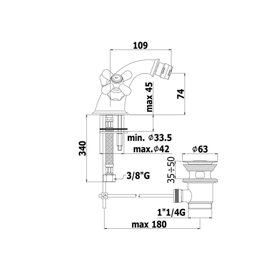 Robinet monoforo bidet avec vidange série Iris modèle IRV125BR cuivre étain Paffoni