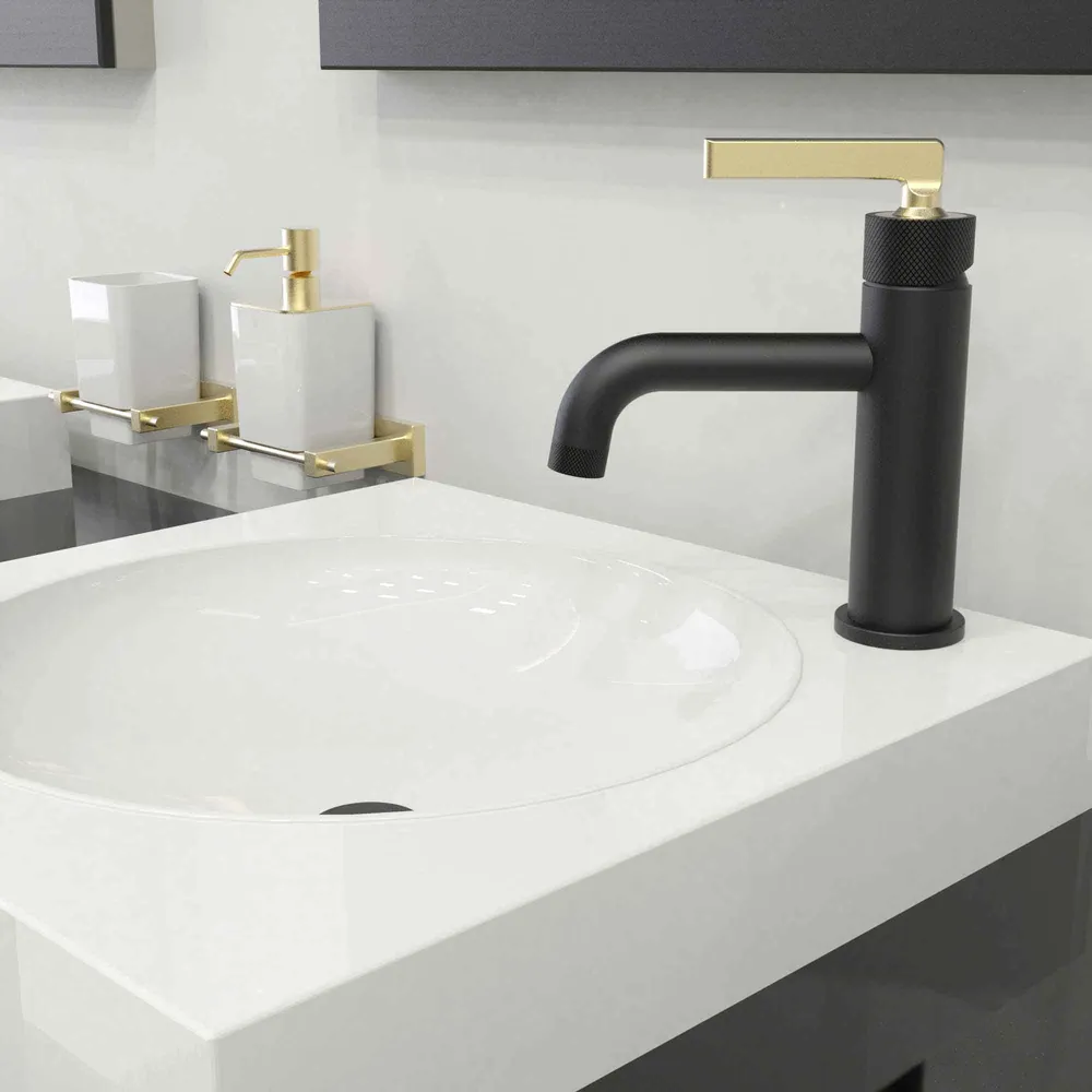 Robinet pour lavabo de salle de bain avec contrôle de volume à 1 poignée INDY, noir mat et or mat