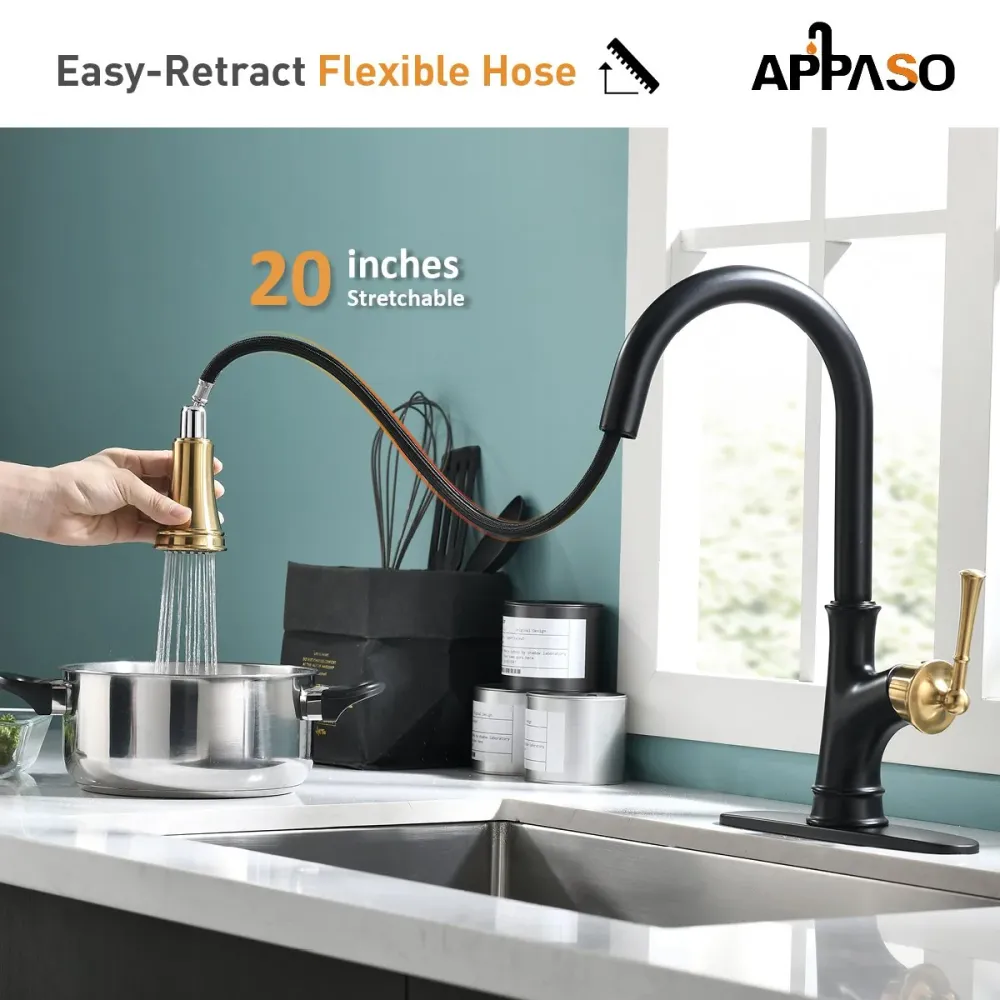 APPASO Robinet de Cuisine avec Douchette Extractible d'Évier 3 Jets au Choix Robinet Cuisine Mitigeur Bec Rotatif Noir et...