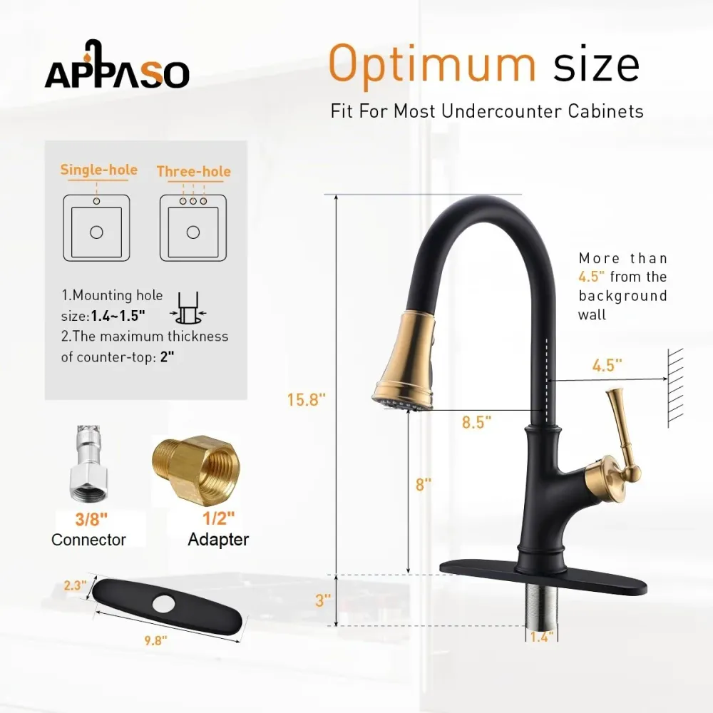 APPASO Robinet de Cuisine avec Douchette Extractible d'Évier 3 Jets au Choix Robinet Cuisine Mitigeur Bec Rotatif Noir et...