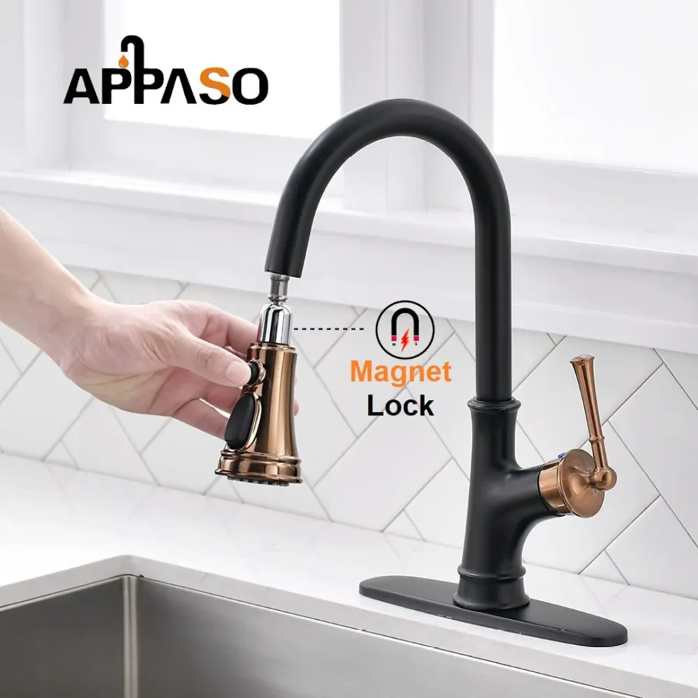 APPASO Robinet de Cuisine avec Douchette Extractible 3 Jets au Choix Robinet Cuisine Bec Rotatif Rose et Noir