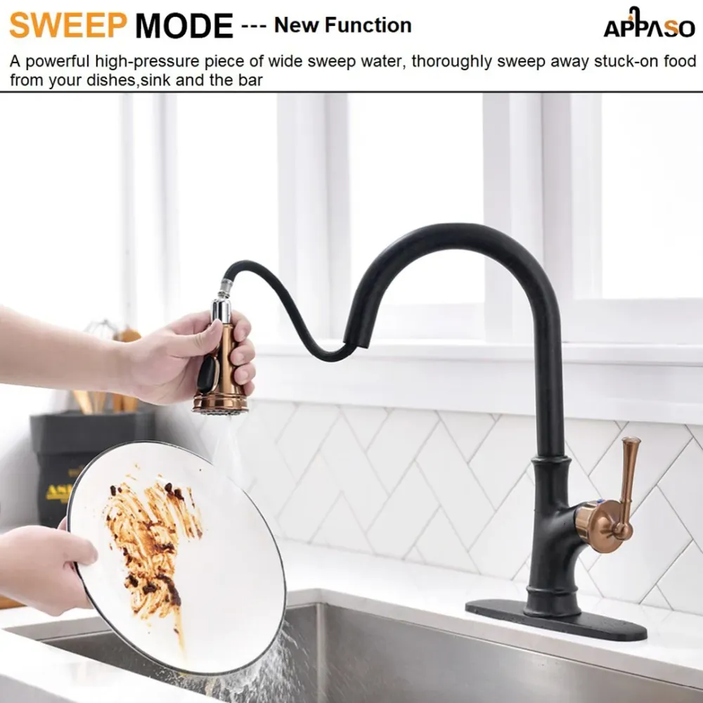 APPASO Robinet de Cuisine avec Douchette Extractible 3 Jets au Choix Robinet Cuisine Bec Rotatif Rose et Noir