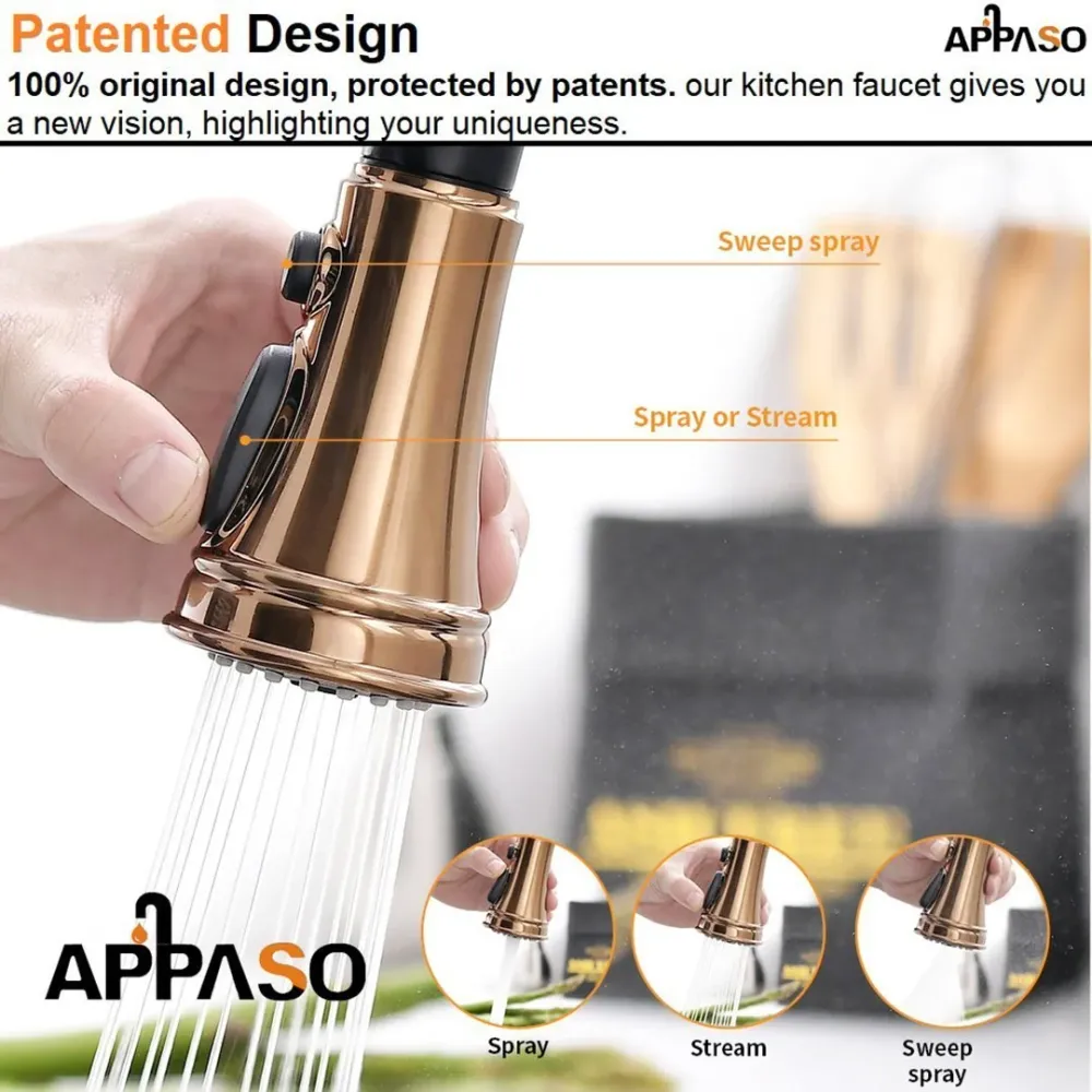 APPASO Robinet de Cuisine avec Douchette Extractible 3 Jets au Choix Robinet Cuisine Bec Rotatif Rose et Noir
