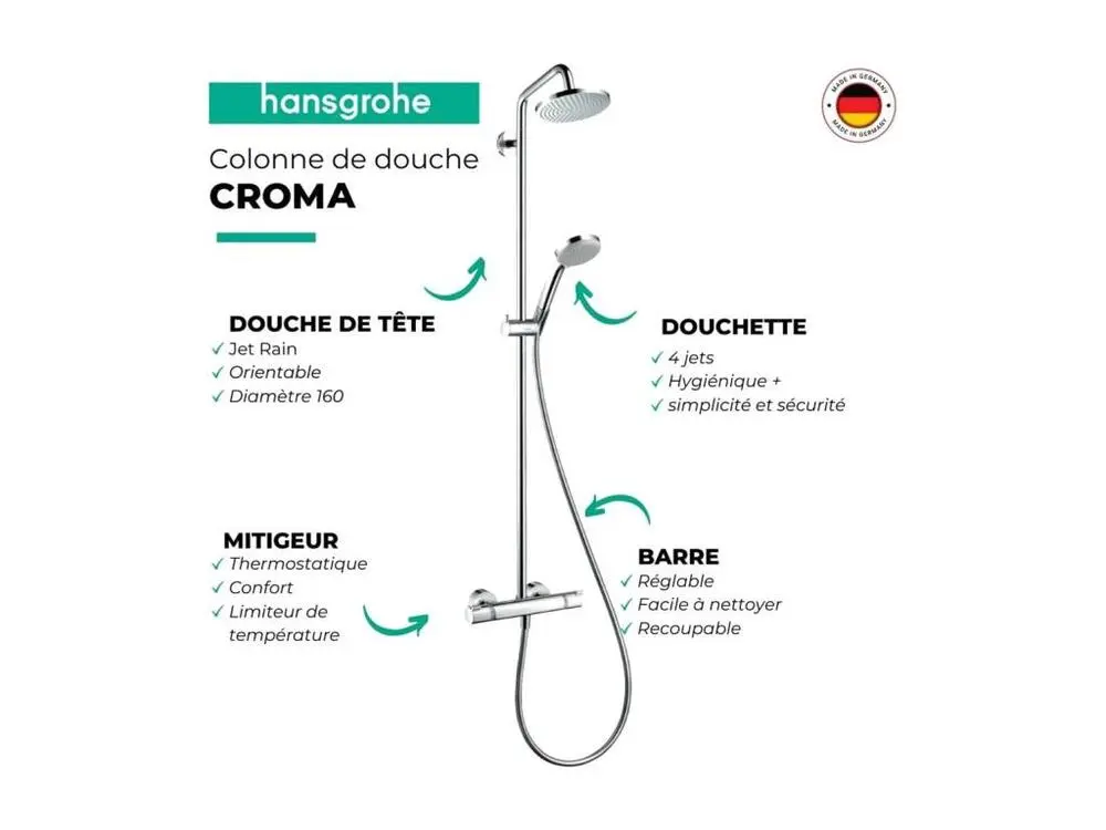 Colonne de douche thermostatique HANSGROHE Crometta 4 jets Chromé + nettoyant Briochin