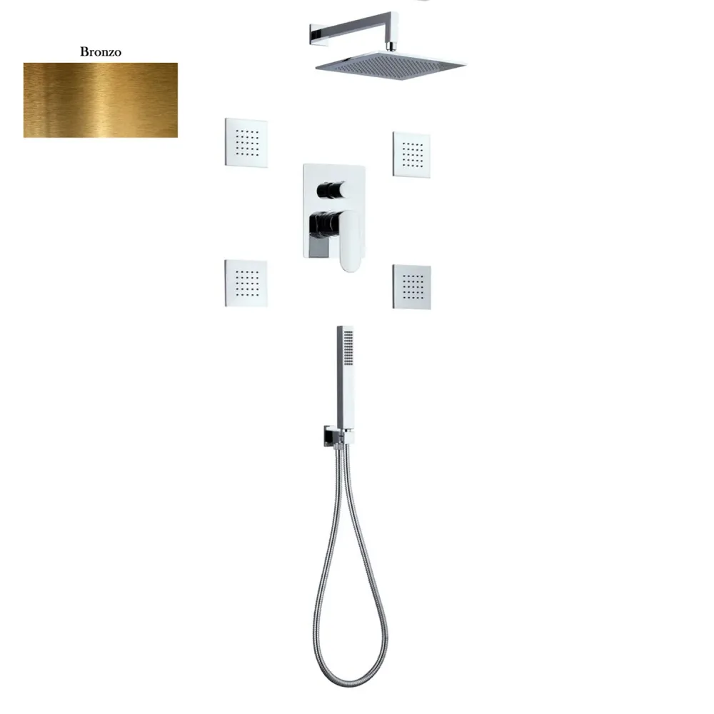 Ensemble de douche composé d'une pomme de douche Paris, 4 jets corporels, douchette et polyvalent et déviateur 3 voies bronze