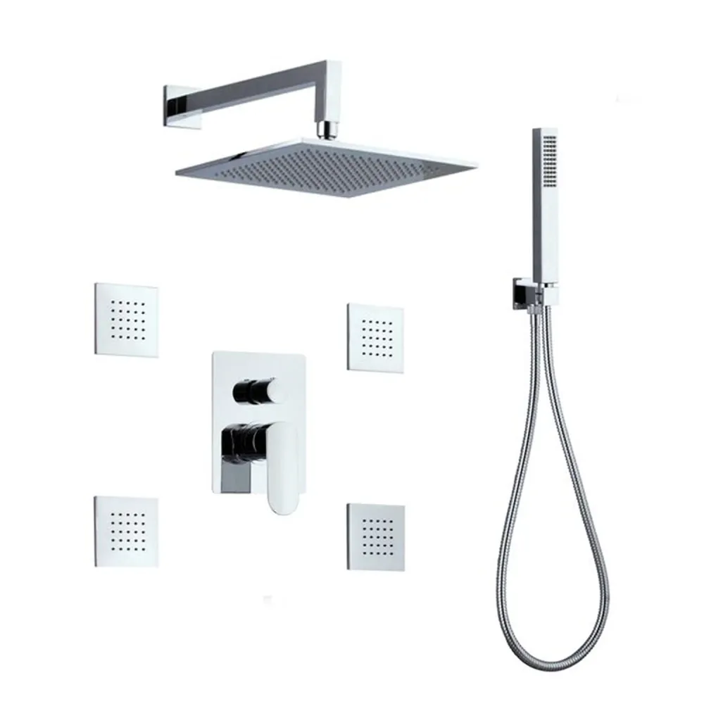 Ensemble de douche composé d'une pomme de douche Paris, 4 jets corporels, douchette et polyvalent et déviateur 3 voies bronze