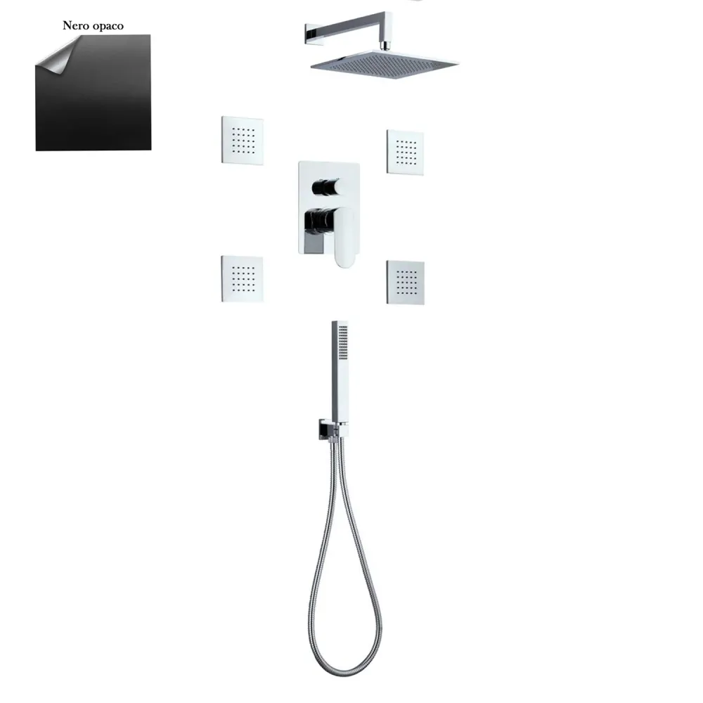 Ensemble de douche composé d'une pomme de douche Paris, 4 jets corporels, douchette et polyvalent et déviateur 3 voies noir