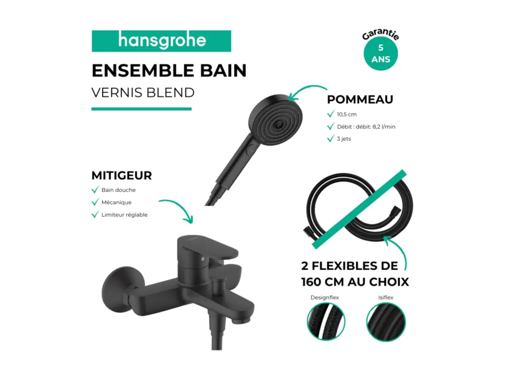 Pack mitigeur bain douche HANSGROHE Vernis Blend + Polyvalent Isiflex + Pommeau HANSGROHE Pulsify Select 105 3 jets noir mat