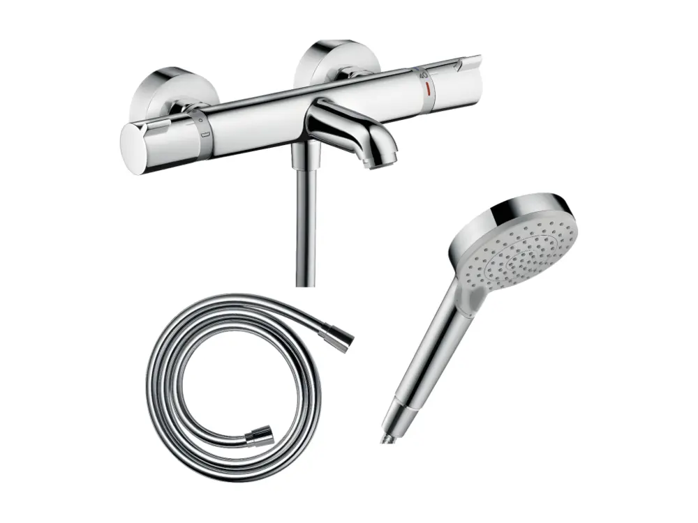 Pack mitigeur bain thermostatique HANSGROHE Ecostat Comfort + Polyvalent Isiflex 1,6m + Pommeau Vernis Blend EcoSmart 2 je...