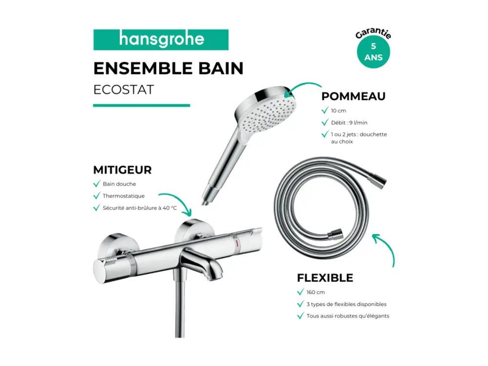 Pack mitigeur bain thermostatique HANSGROHE Ecostat Comfort + Polyvalent Isiflex 1,6m + Pommeau Vernis Blend EcoSmart 2 je...