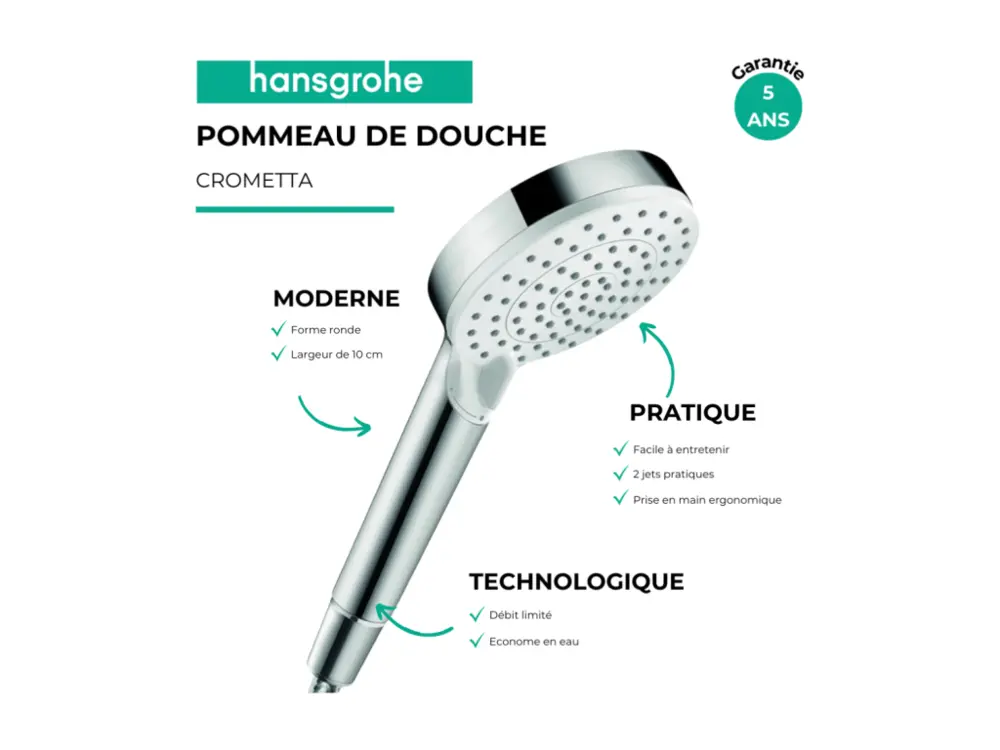 Pommeau de douche HANSGROHE Crometta EcoSmart 2 jets blanc/chromé + polyvalent de douche HANSGROHE Designflex 125 cm chromé