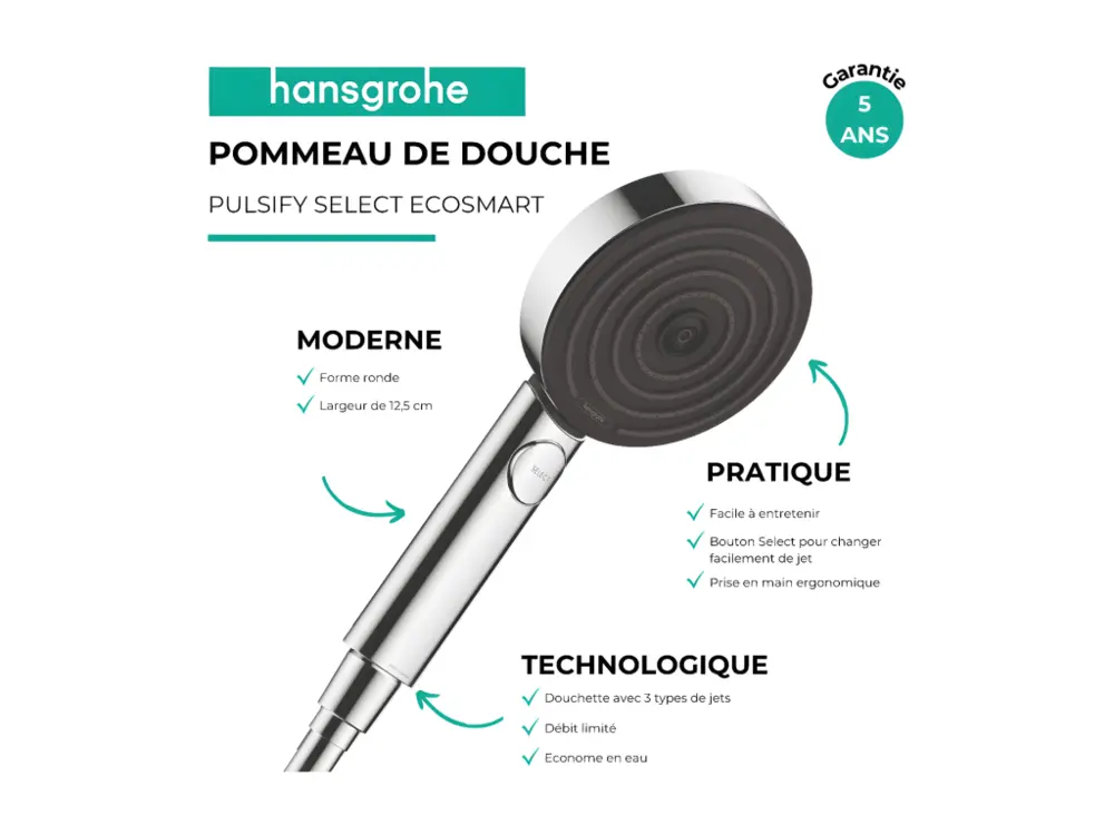 Pommeau de douche HANSGROHE Pulsify Select EcoSmart 105 3 jets relaxation chromé + polyvalent de douche 1,60 m HANSGROHE M...