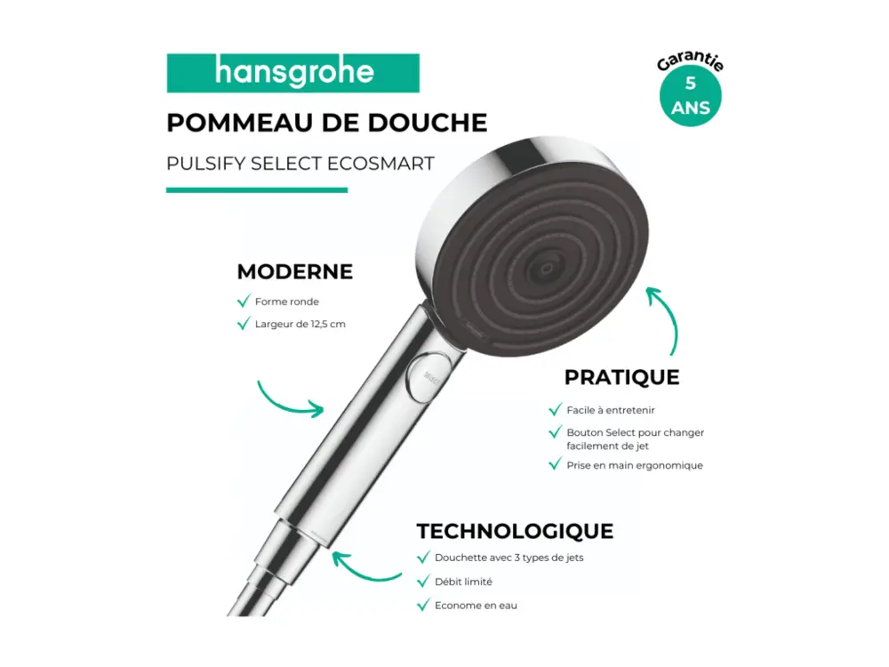 Pommeau de douche HANSGROHE Pulsify Select EcoSmart 105 3 jets relaxation chromé + modulable de douche 2 m HANSGROHE Isifl...