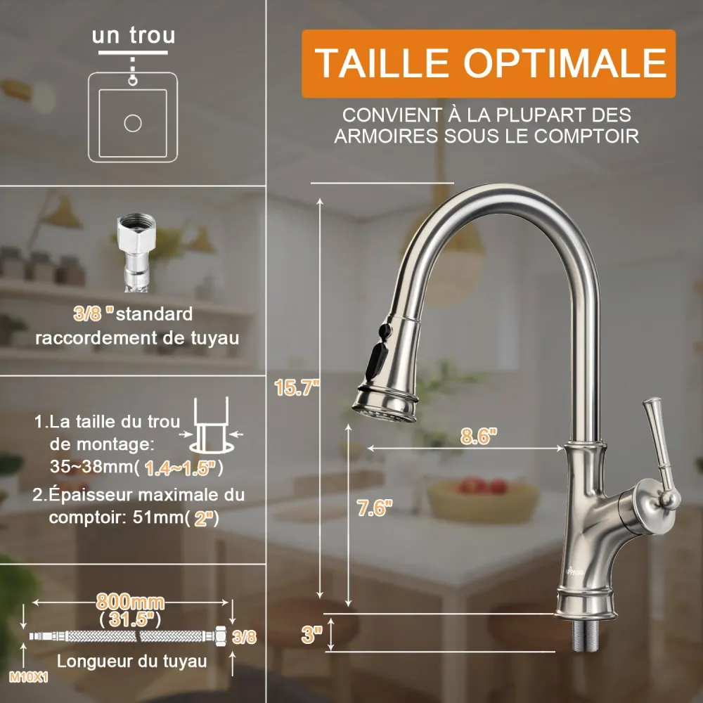 Robinet de Cuisine APPASO à 360° Rotatif Mitigeur d'Évier avec Douchette 3 Jets en Nickel Brossé Argent