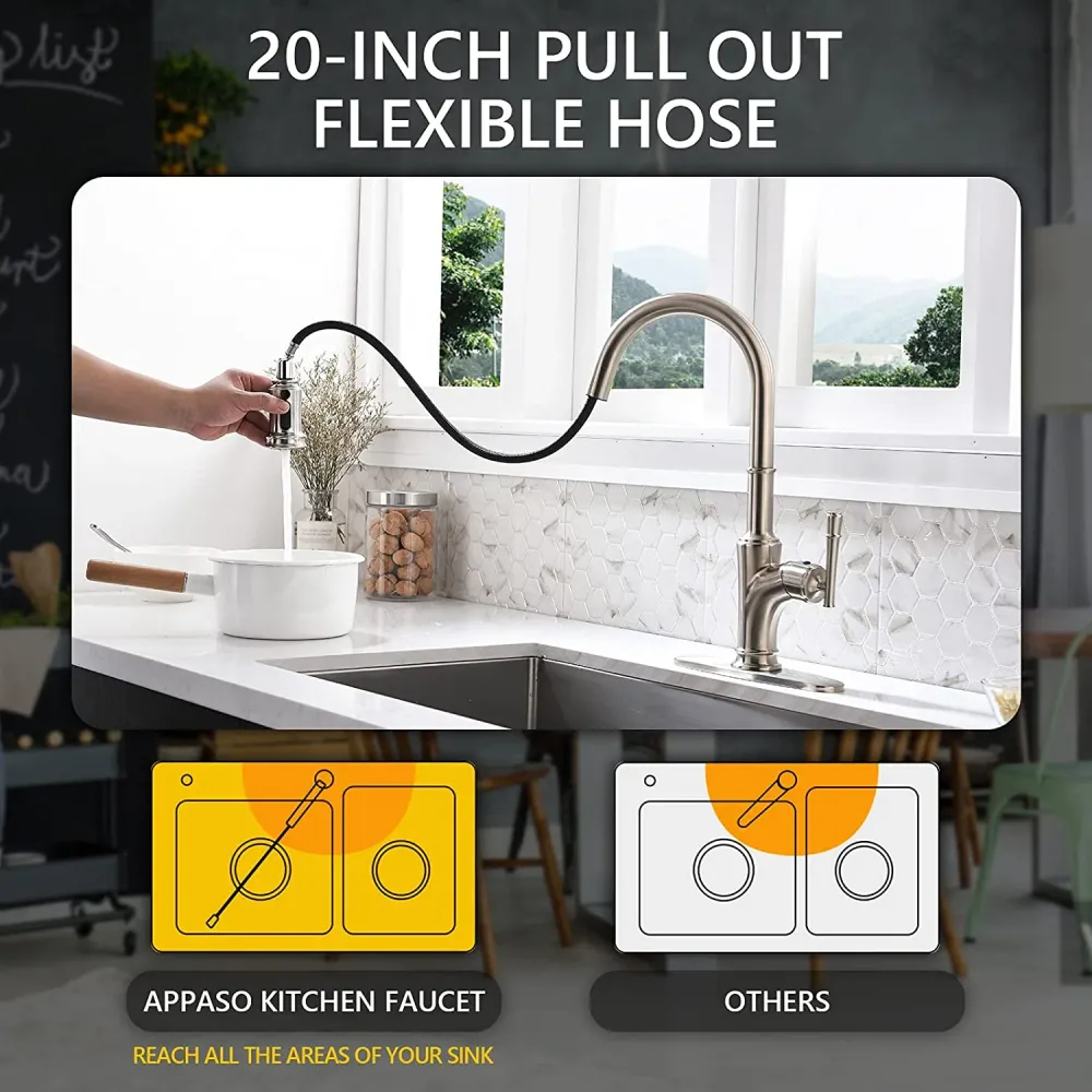 Robinet de Cuisine APPASO avec Douchette Extractible Mitigeur de Cuisine 3 Jets Brossé Argent