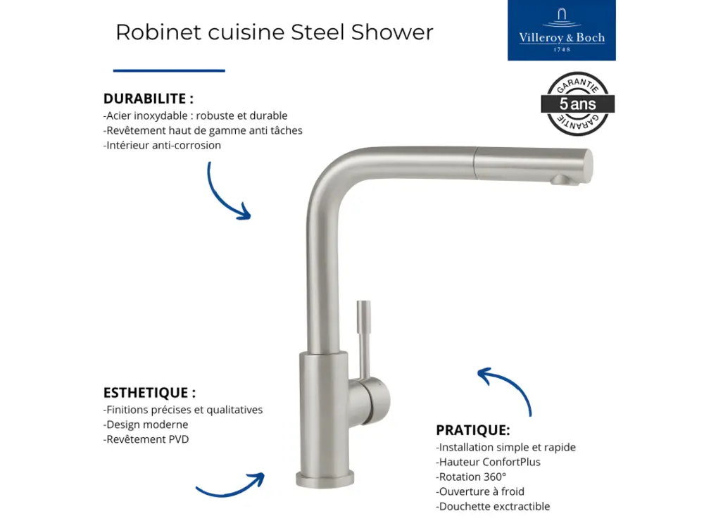 Certifié CE Robinet cuisine VILLEROY ET BOCH Acier Shower anthracite + nettoyant