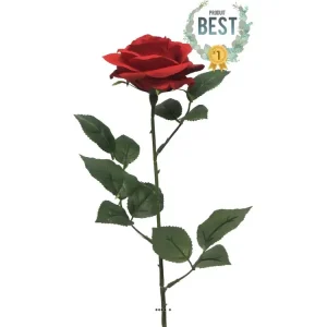 Rose factice Paris H64cm belle tête D9cm 12 feuilles tissu Rouge -BEST - couleur: Rouge