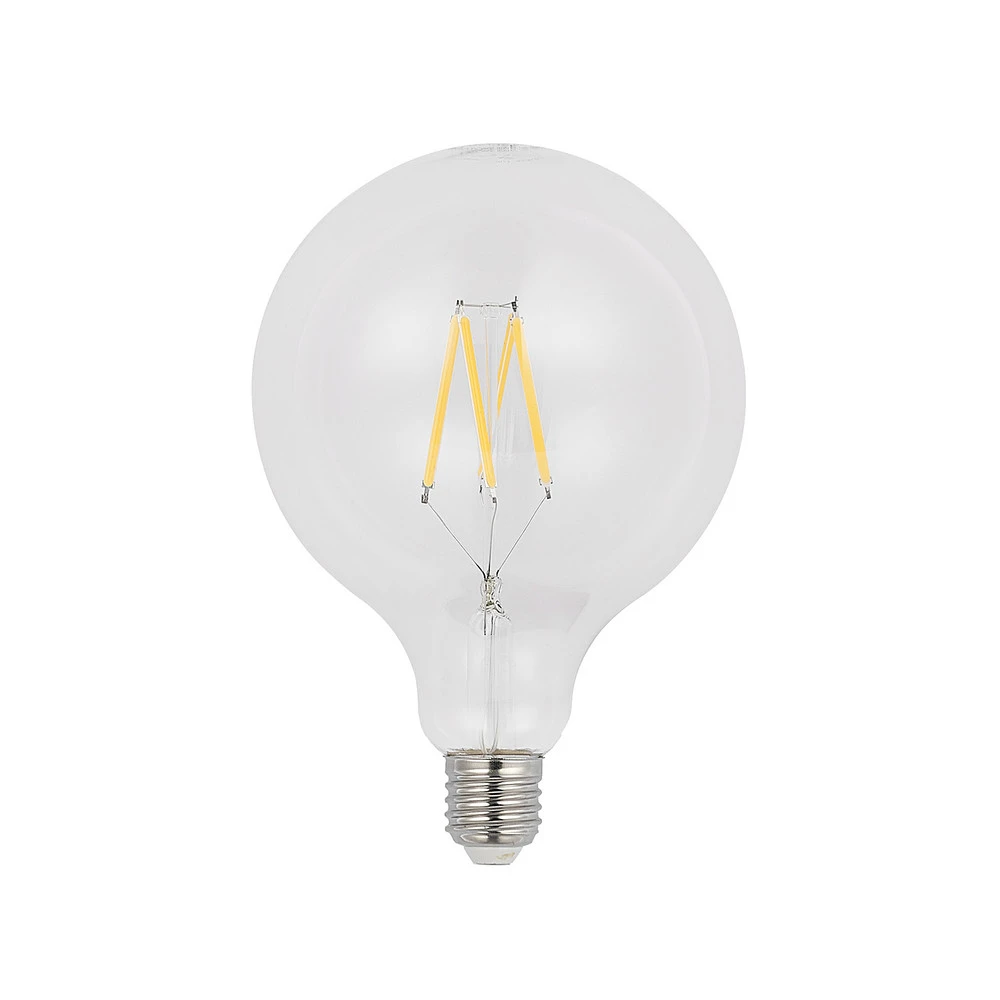 Ampoule LED E27 8 W 2 700 K G125 globe, filament avec base en bois