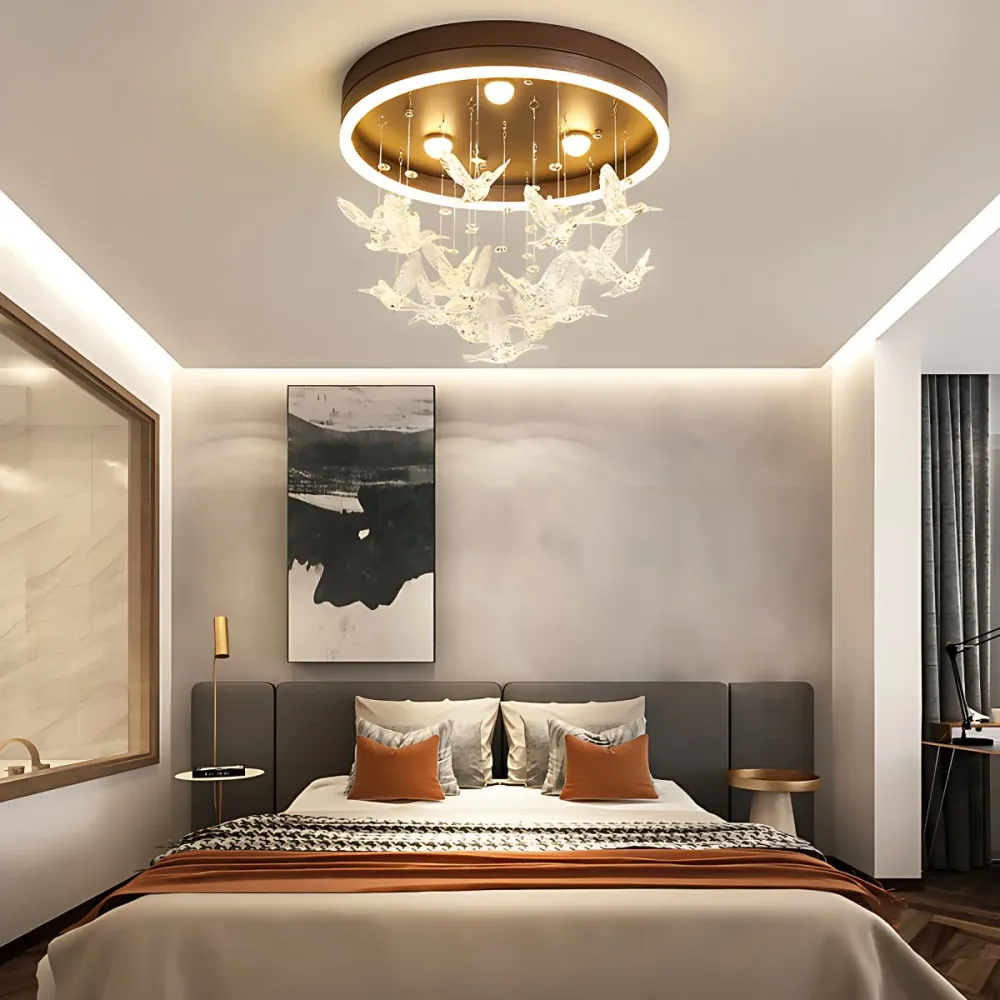Applique design Plafonnier rond avec oiseau en cristal évident, plafonnier LED moderne pour chambre à coucher