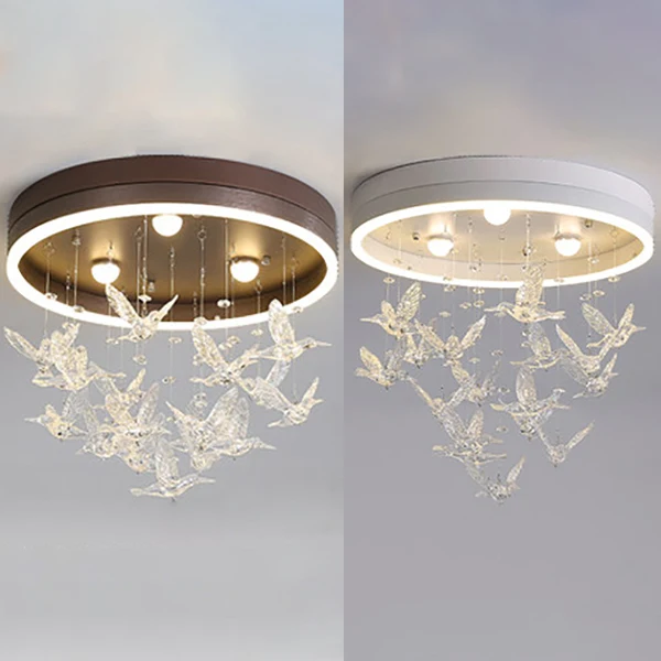 Applique design Plafonnier rond avec oiseau en cristal évident, plafonnier LED moderne pour chambre à coucher