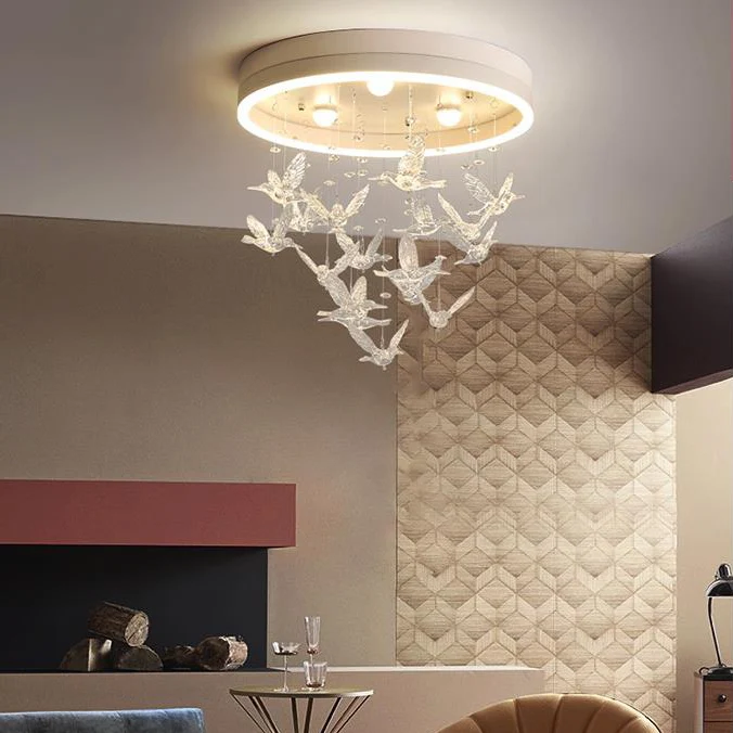Applique design Plafonnier rond avec oiseau en cristal évident, plafonnier LED moderne pour chambre à coucher