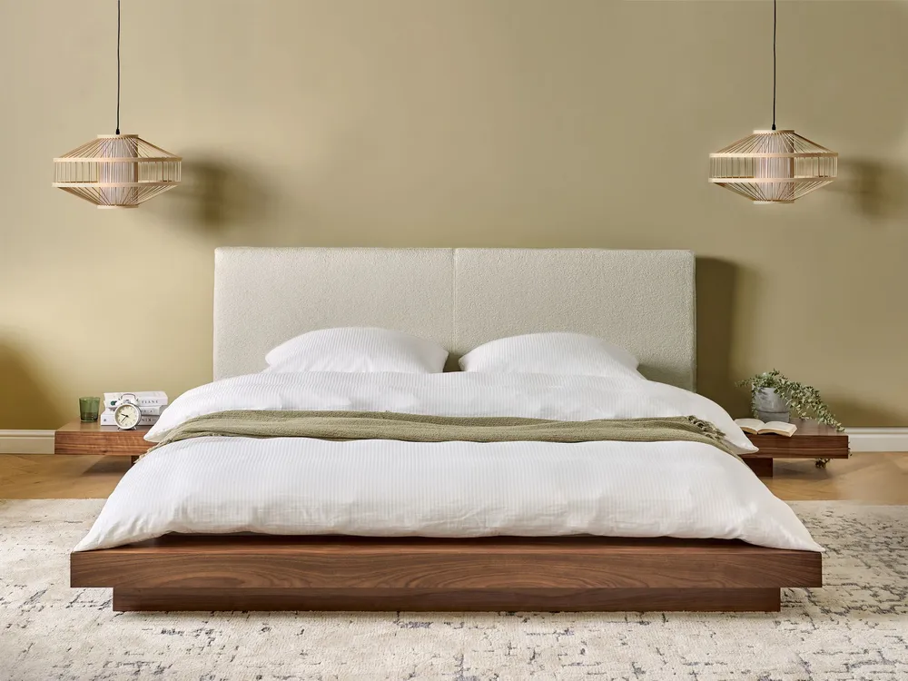 Bed met LED bouclé hoofdbord bruin 160 x 200 cm ZEN