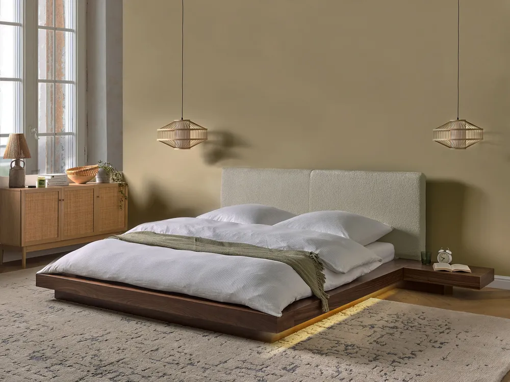 Bed met LED bouclé hoofdbord bruin 160 x 200 cm ZEN
