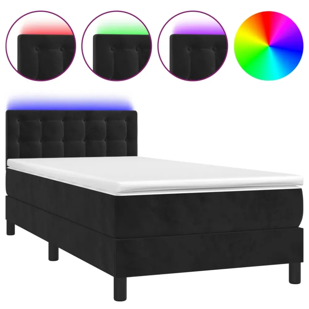Cadre de lit LED avec sommier tête de lit matelas 90x190 cm tissu velours noir TDL0209044 pour décoration de Noël