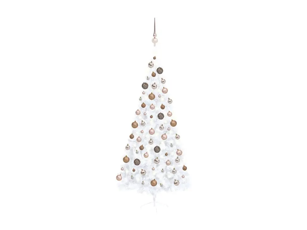 Demi-arbre de Noël artificiel avec LED et boules Blanc 210 cm avec base en bois