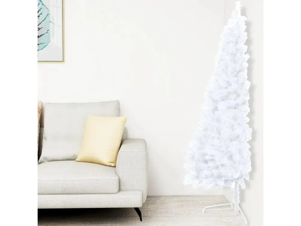 Demi-arbre de Noël artificiel avec LED et boules Blanc 210 cm avec base en bois