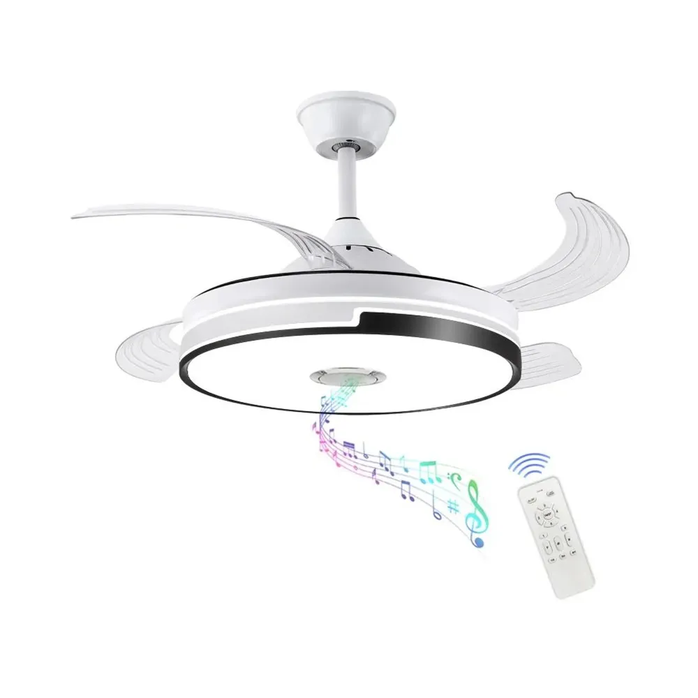 Exotic Designs Multipurpose Retractable Ceiling Fan LED Light Bluetooth Speaker Clair & White avec effet scintillant