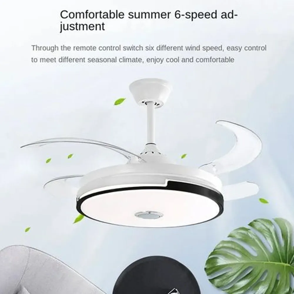 Exotic Designs Multipurpose Retractable Ceiling Fan LED Light Bluetooth Speaker Clair & White avec effet scintillant