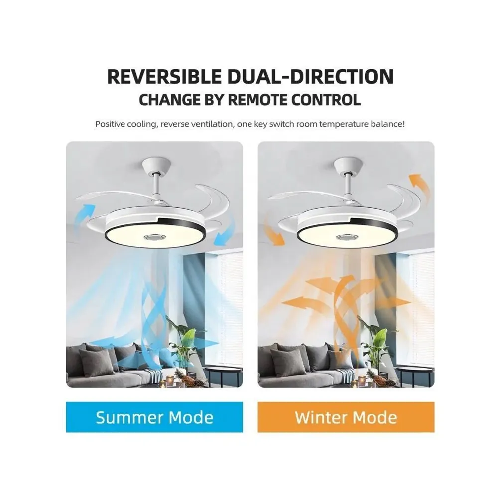 Exotic Designs Multipurpose Retractable Ceiling Fan LED Light Bluetooth Speaker Clair & White avec effet scintillant