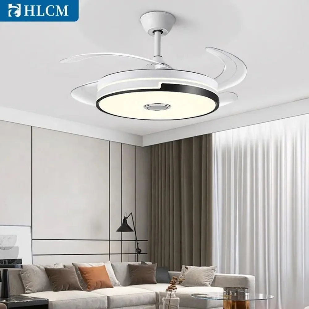 Exotic Designs Multipurpose Retractable Ceiling Fan LED Light Bluetooth Speaker Clair & White avec effet scintillant