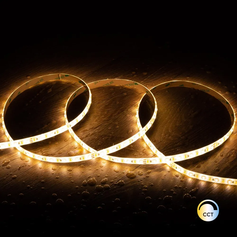 Guirlande lumineuse Ruban LED CCT SMD2835 24V DC 60LED/mètre, 5m, IP65, 10mm, coupe 5cm.