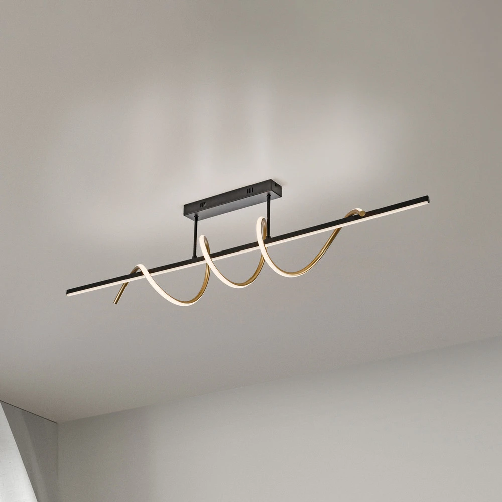 JUST LIGHT. Plafonnier LED Amanda, fer, laiton noir avec base en bois
