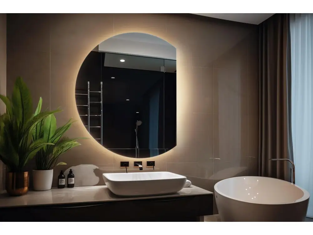 Luminaire Créatif Design Miroir LED rond biseauté, miroir de salle de bain suspendu, lumineux - 90 cm - Lumière chaude