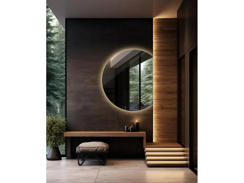 Luminaire Créatif Design Miroir LED rond biseauté, miroir de salle de bain suspendu, lumineux - 90 cm - Lumière chaude