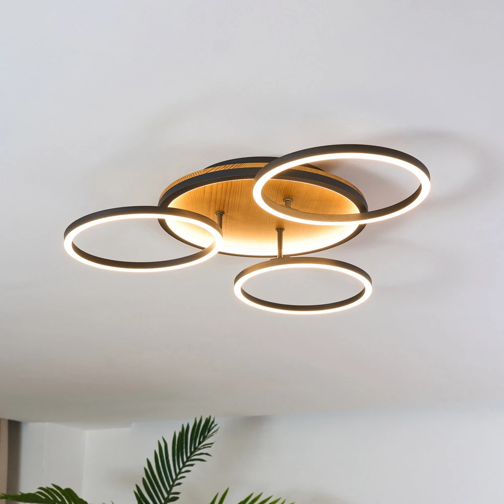 Luminaire à effet Plafonnier LED Kiru, pin, longueur 60,8 cm, à 3 lampes, bois