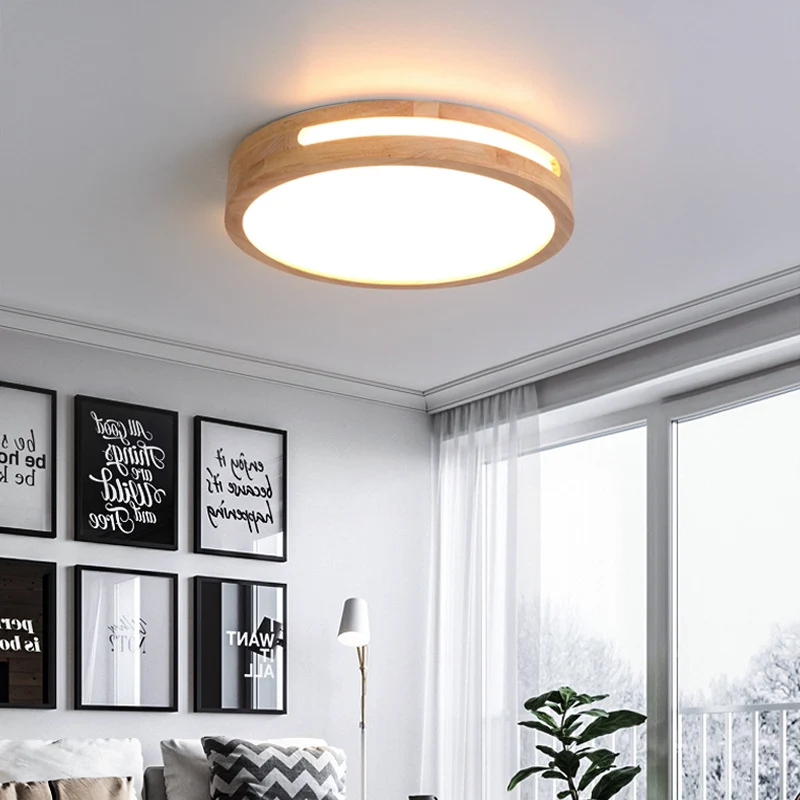 Luminaire en forme Plafonnier LED nordique avec diffuseur en acrylique, plafonnier à tambour en bois naturel, blanc chaud/...