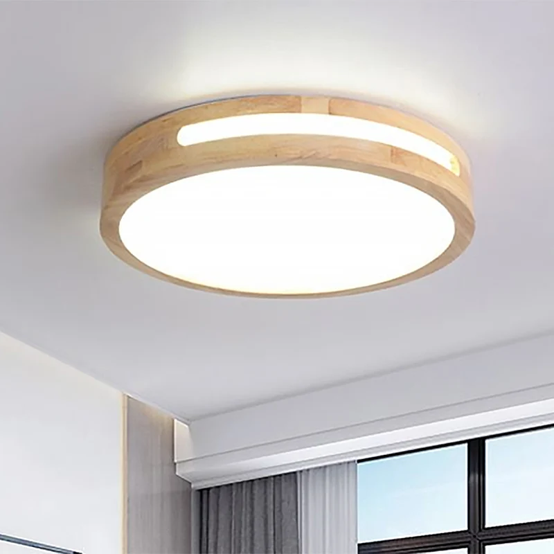 Luminaire en forme Plafonnier LED nordique avec diffuseur en acrylique, plafonnier à tambour en bois naturel, blanc chaud/...